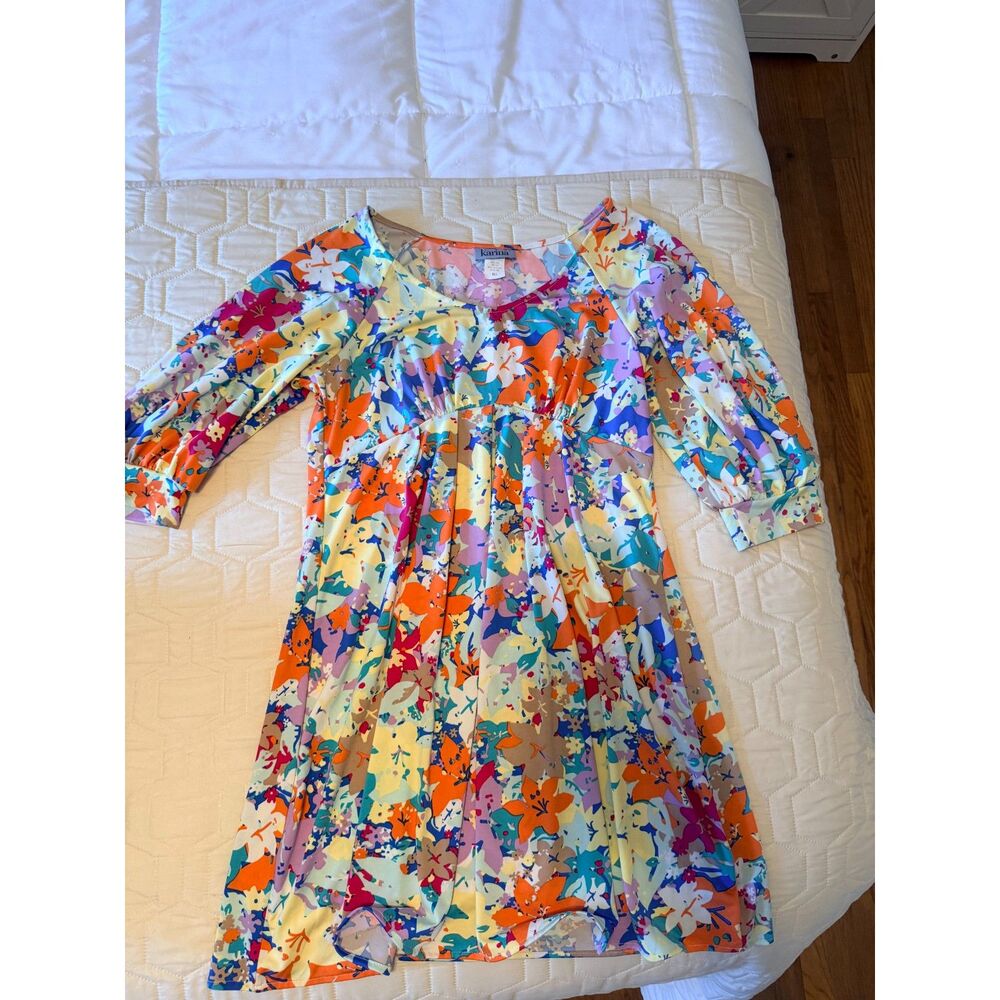 Karina M/L Colorful Floral 3/4 Sleeve Fit & Flare Dress Made in USA